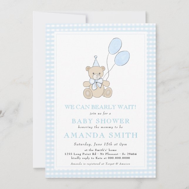 Invitation Teddy Bear Blue En vichy Baby shower garçon (Devant)