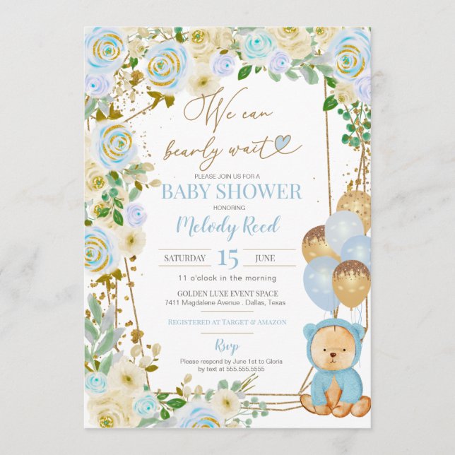 Invitation Teddy Bear Blue Floral Balloons Baby shower garçon (Devant)