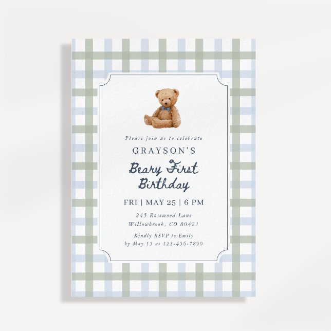 Invitation Teddy Bear Blue Sage Green First Birthday  (Créateur téléchargé)