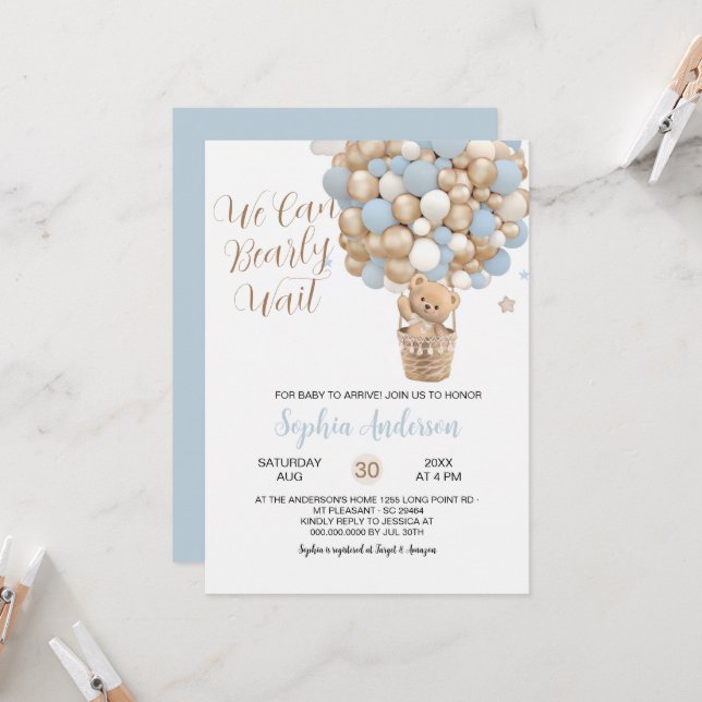 Invitation Teddy Bear Blue Tan Balloons Baby shower garçon (Devant/Arrière en situation)