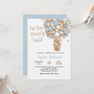 Invitation Teddy Bear Blue Tan Balloons Baby shower garçon