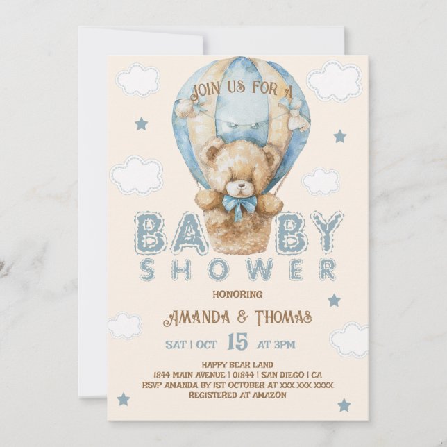Invitation Teddy Bear Blue Vintage Baby shower garçon (Devant)