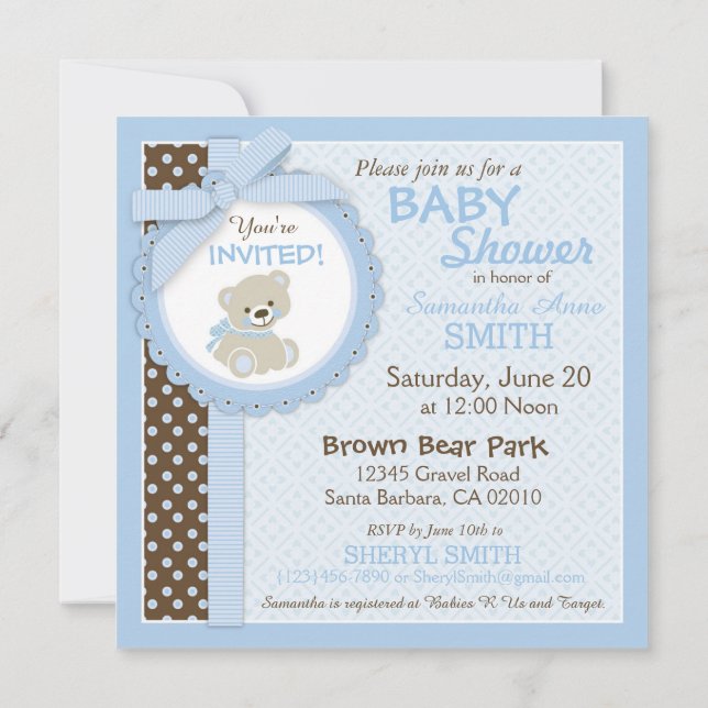 Invitation Teddy Bear Boy Baby shower Blue (Dos)