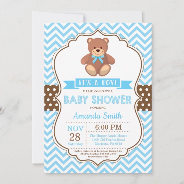 Invitation Teddy Bear Boy Baby shower Blue Chevron (Devant)