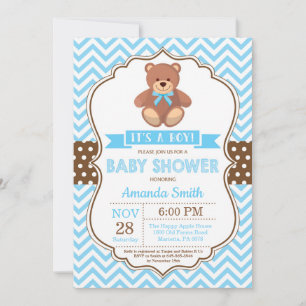 Invitation Teddy Bear Boy Baby shower Blue Chevron