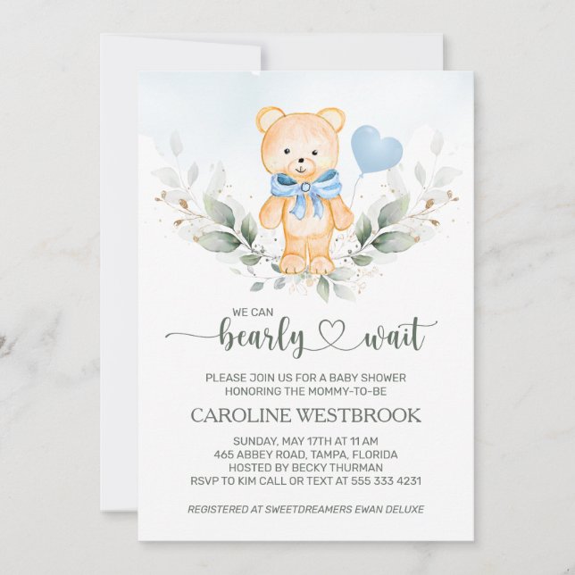 Invitation Teddy Bear Boy, Baby shower de feuillage vert (Devant)