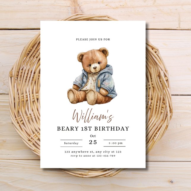 Invitation Teddy Bear Boy Birthday Party Beary 1st Birthday (Créateur téléchargé)