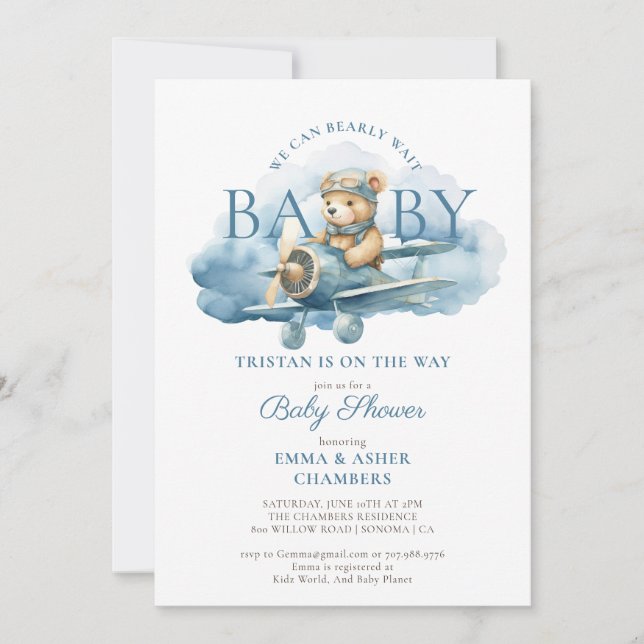 Invitation Teddy Bear Boy Blue Bearly Wait Baby shower (Devant)