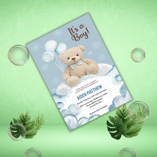 Invitation Teddy Bear Boy Blue Bearly Wait Baby shower