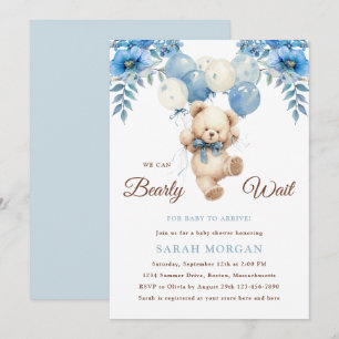 Invitation Teddy Bear Boy Blue Boho Bearly Wait Baby Shower