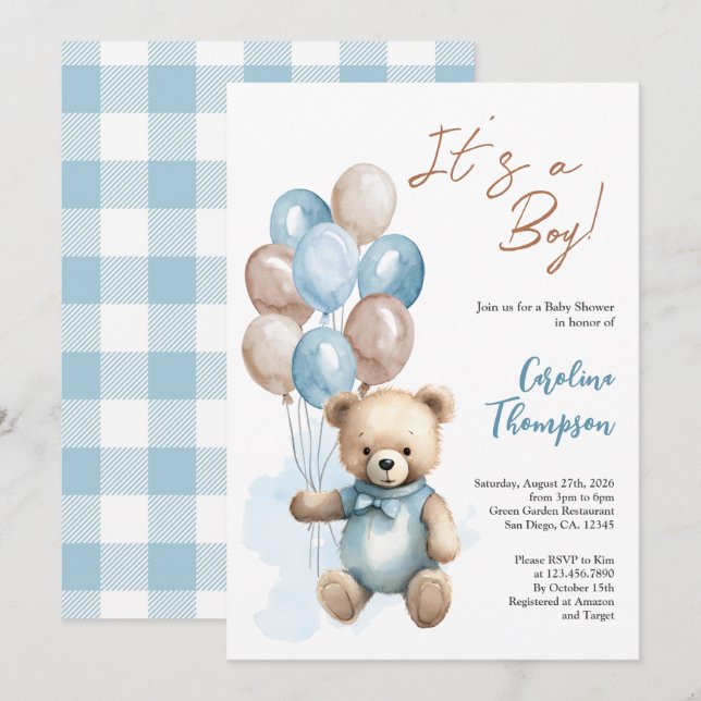 Invitation Teddy Bear Boy Blue Plaid Baby shower Invitatiatia (Devant / Derrière)