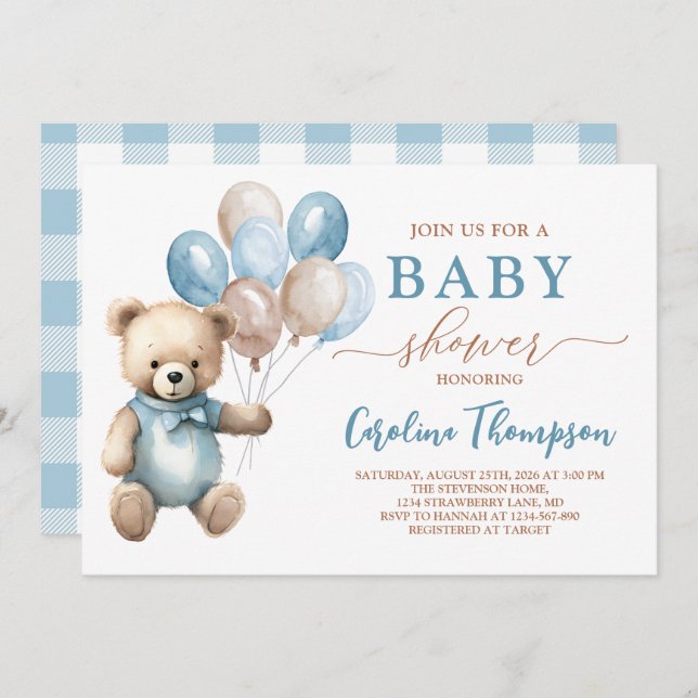 Invitation Teddy Bear Boy Blue Plaid Pastel Baby shower (Devant / Derrière)