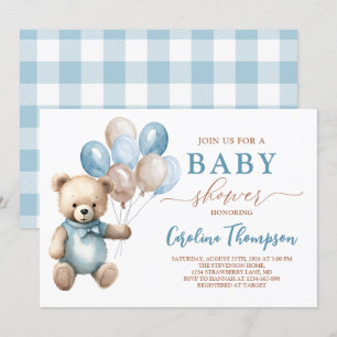 Invitation Teddy Bear Boy Blue Plaid Pastel Baby shower