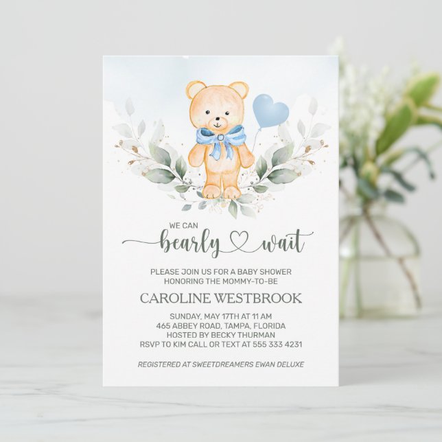 Invitation Teddy Bear Boy Green Baby shower de feuillage (Debout devant)