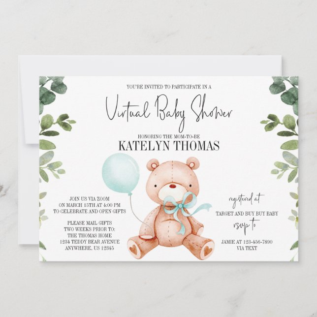 Invitation Teddy Bear Boy Green Baby shower virtuel (Devant)