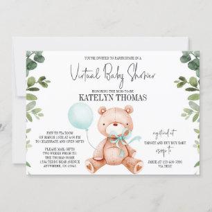 Invitation Teddy Bear Boy Green Baby shower virtuel