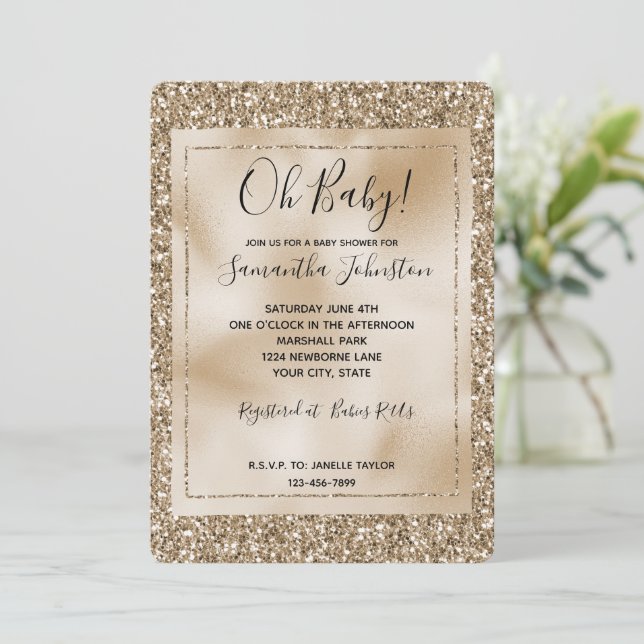 Invitation Teddy Bear Brown Gold Glam Parties scintillant (Debout devant)