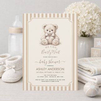 Invitation Teddy Bear & Brown Stripes Baby Shower Bearly Wait