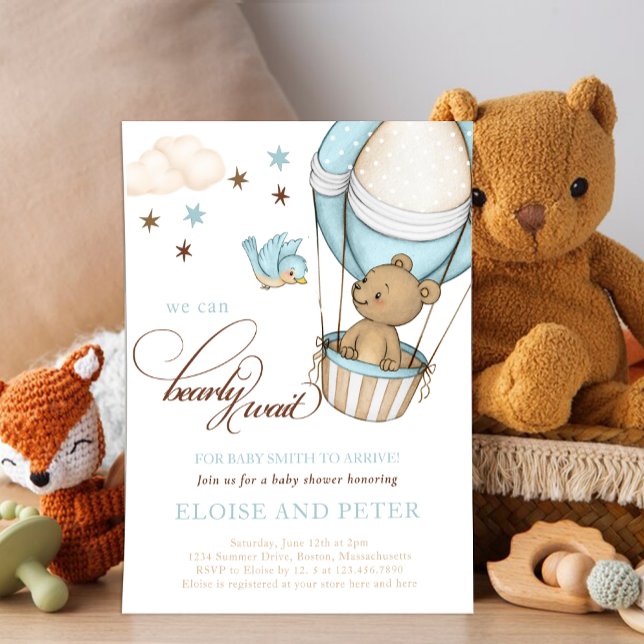 Invitation Teddy Bear chaud Balloon Boy Bearly Wait Baby show (Bearly wait Teddy bear hot air balloon)