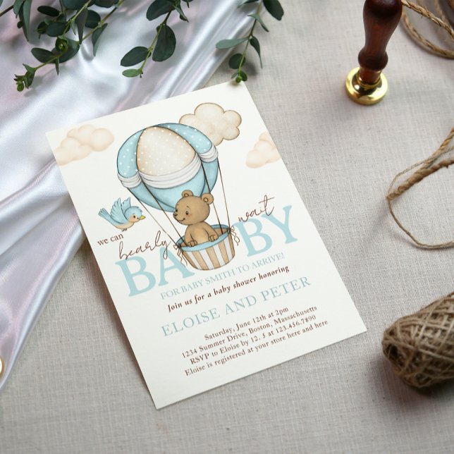 Invitation Teddy Bear chaud Balloon Boy Bearly Wait Baby show (Hot Air Balloon Baby Shower invitation card)