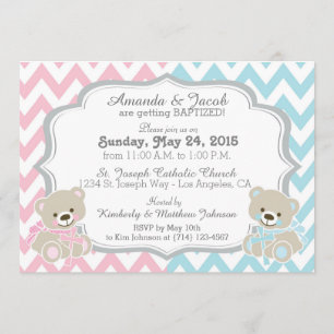 Invitation Teddy Bear Chevron Cross Twins Boy Girl Baptism