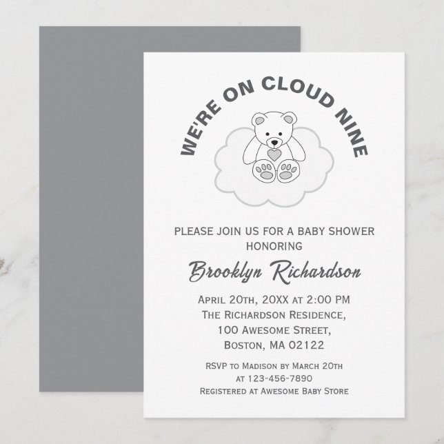 Invitation Teddy Bear Cloud Neuf Baby shower neutre selon le  (Devant / Derrière)