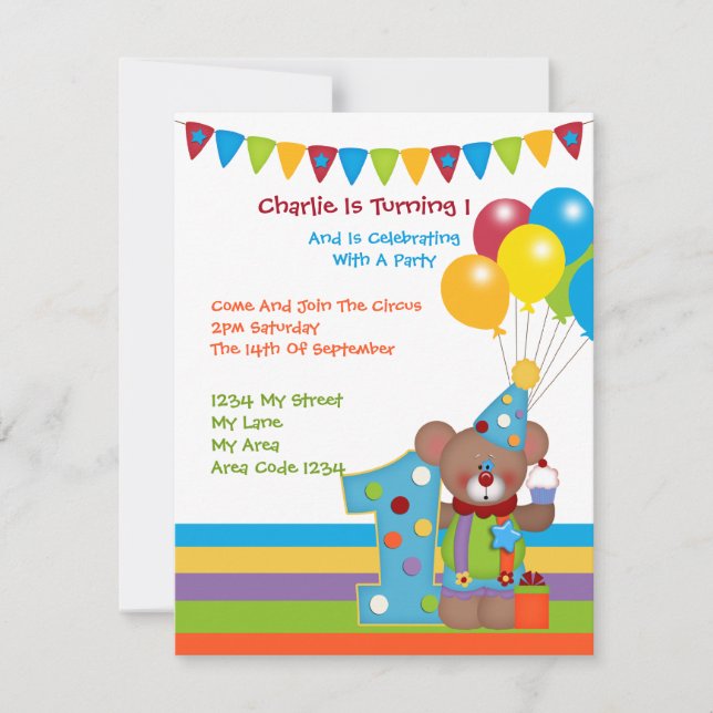Invitation Teddy Bear Clown Première fête d'anniversaire (Devant)