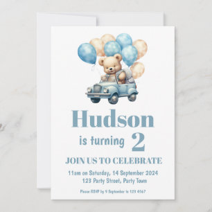 Invitation Teddy Bear dans une voiture Anniversaire Fête Invi