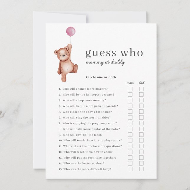 Invitation Teddy Bear Devine Qui Fille Baby shower Jeu (Devant)