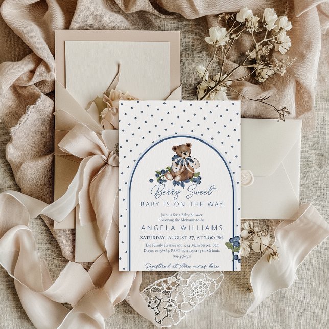 Invitation Teddy Bear Dusty Blue Berry Baby shower doux (Créateur téléchargé)