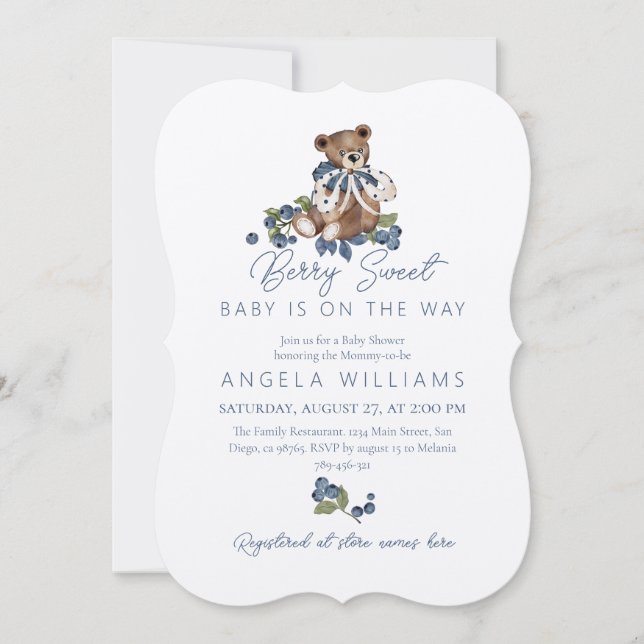 Invitation Teddy Bear Dusty Blue Berry Baby shower doux (Devant)