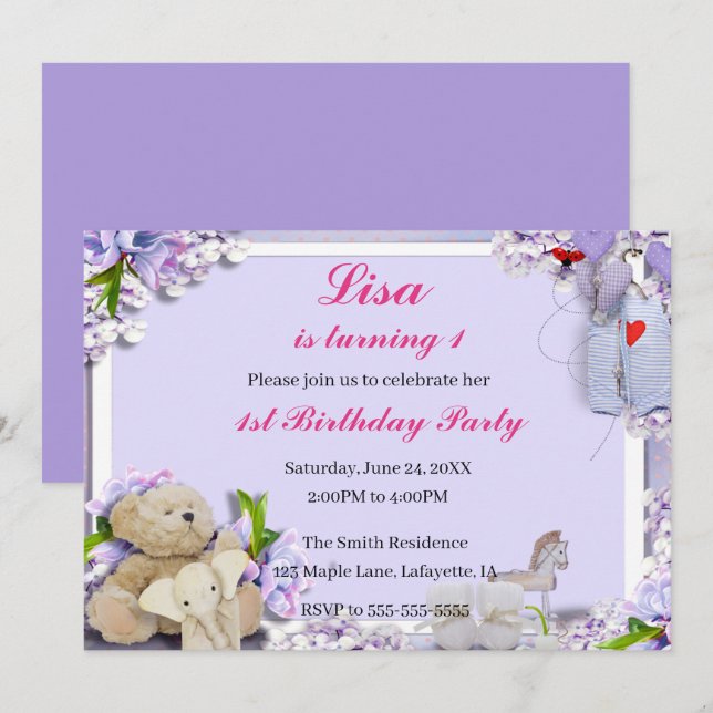 Invitation Teddy Bear Elephant Horse fête d'anniversaire (Devant / Derrière)