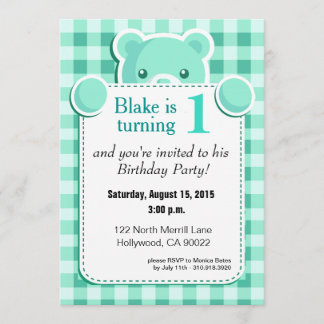 Invitation Teddy Bear En vichy Plaid Bird| vert menthe