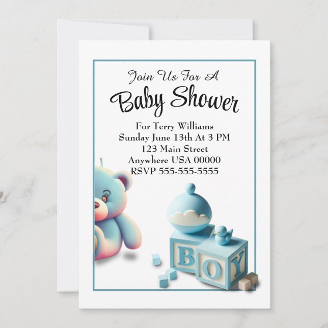 Invitation Teddy Bear et Baby Blocks Baby shower garçon (Devant)