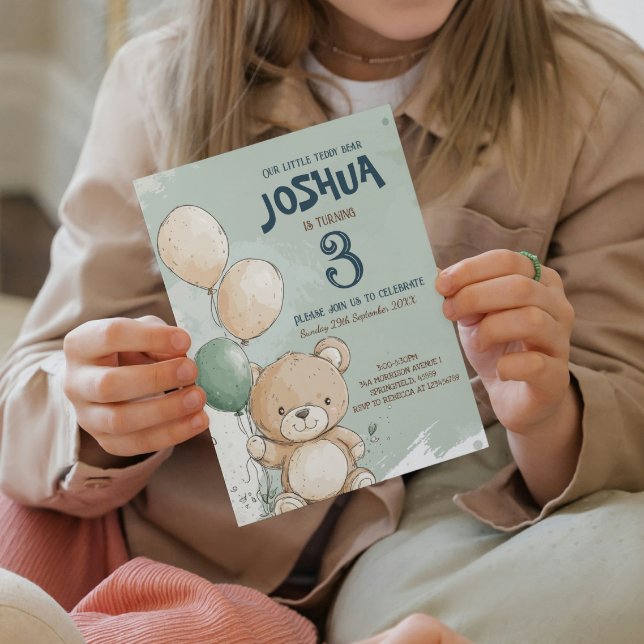 Invitation Teddy Bear et Ballons Green Anniversaire de enfant (Créateur téléchargé)