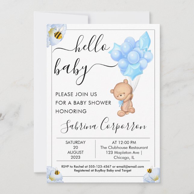 Invitation Teddy Bear et Balloons Boy Baby shower (Devant)