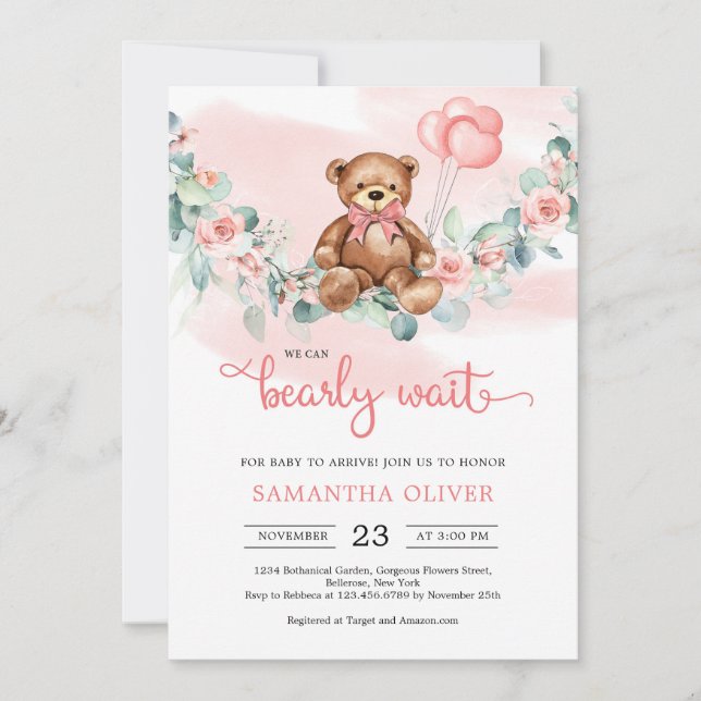 Invitation Teddy Bear Eucalyptus Wreath Girl Baby shower Invi (Devant)