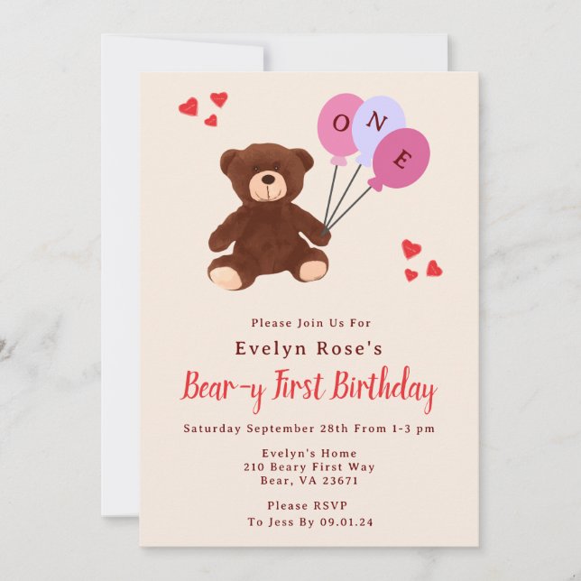 Invitation Teddy Bear First Birthday Balloon Girl's Cream (Devant)
