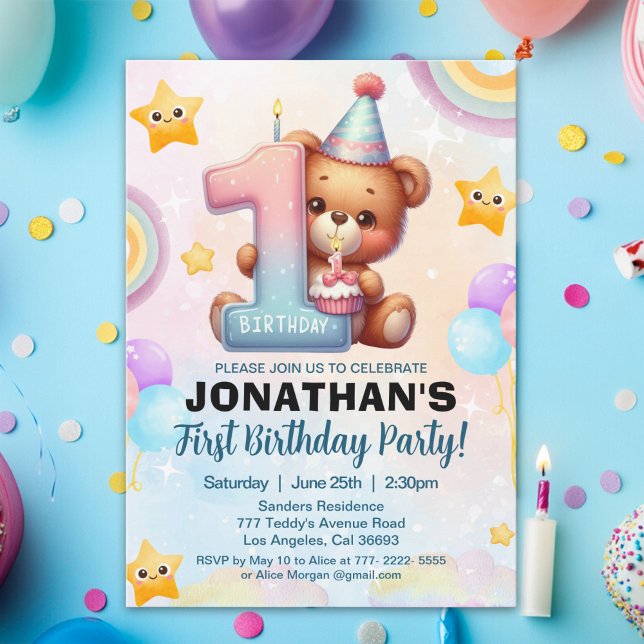 Invitation Teddy Bear First Birthday | Cute Boy 1st Birthday  (Créateur téléchargé)