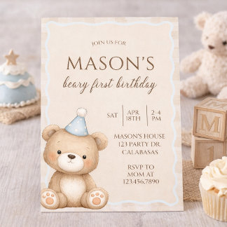 Invitation Teddy Bear First Birthday Invitation, Beary First 