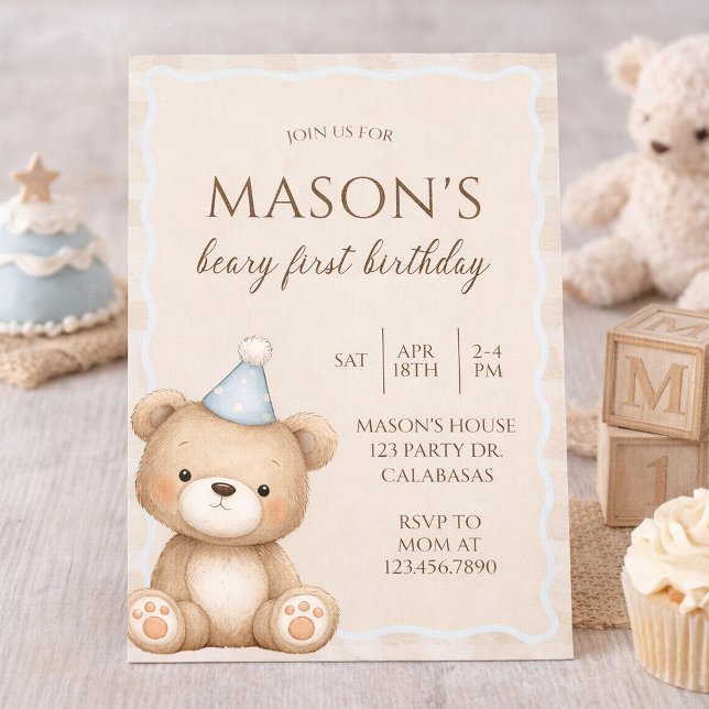 Invitation Teddy Bear First Birthday Invitation, Beary First  (Créateur téléchargé)
