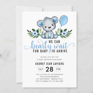 Invitation Teddy Bear Floral Botanical Blue Boy Baby shower