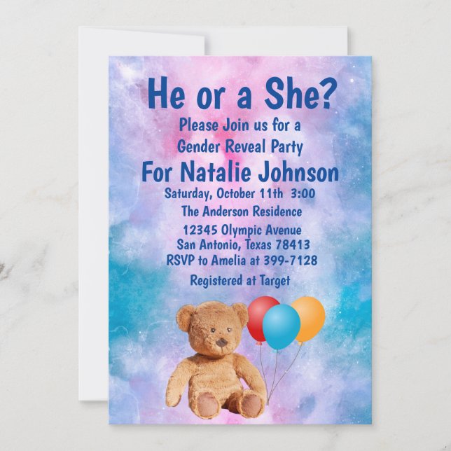 Invitation Teddy Bear Genre Revela Party (Devant)