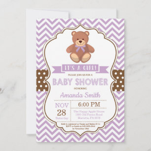 Invitation Teddy Bear Girl Baby shower Purple Chevron