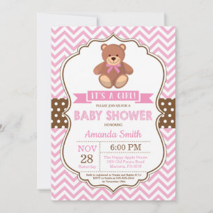 Invitation Teddy Bear Girl Baby shower rose Chevron