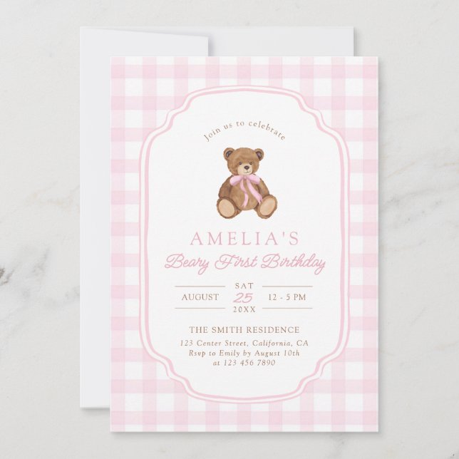 Invitation Teddy Bear Girl First Birthday Party (Devant)