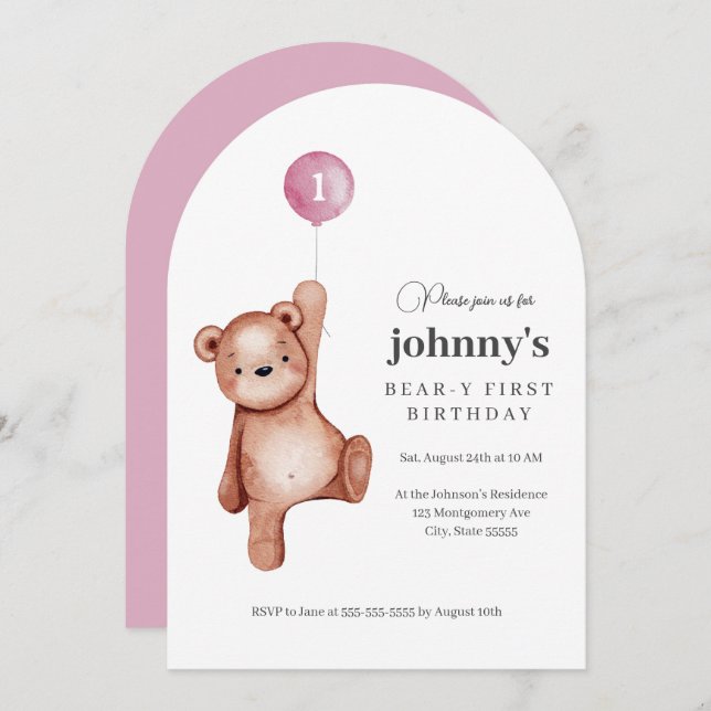 Invitation Teddy Bear Girl First Birthday Party (Devant / Derrière)