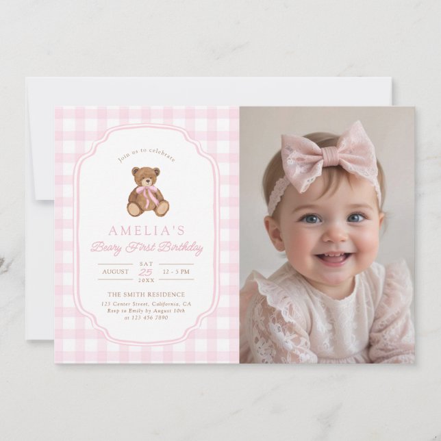 Invitation Teddy Bear Girl First Birthday Party Photo (Devant)