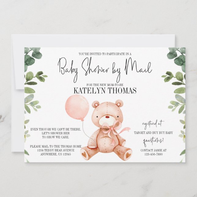 Invitation Teddy Bear Girl Green Baby shower par courrier (Devant)