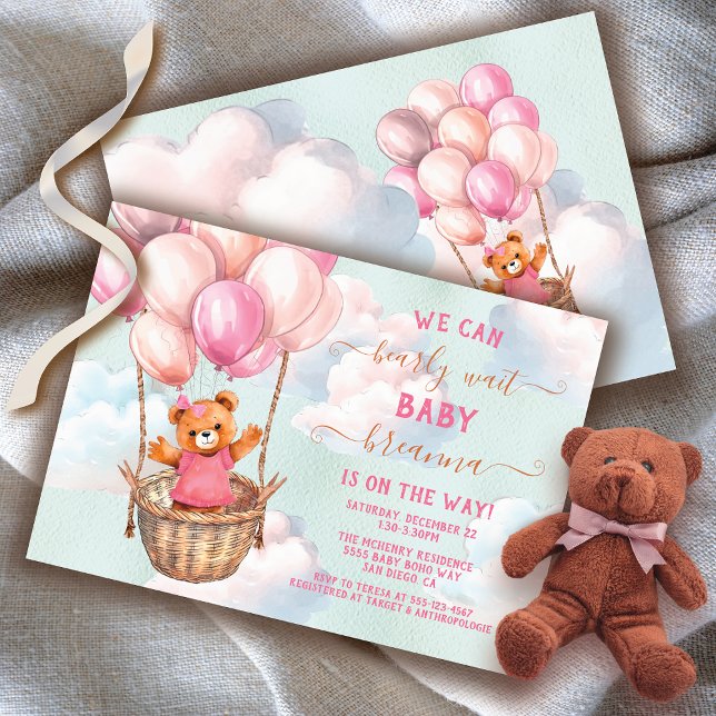Invitation Teddy Bear Girl Hot Air Balloon Baby shower (Matching items available!)